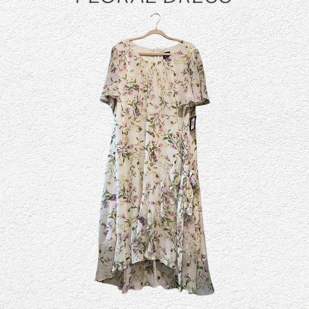 Jessica Howard White Floral Midi Short Sleeve Belted Dress Size 24W